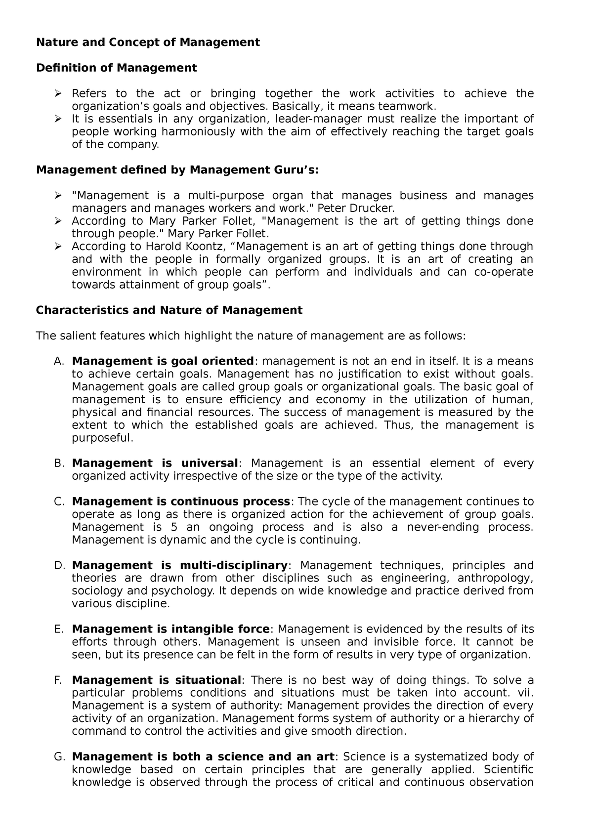 case study on nature of management