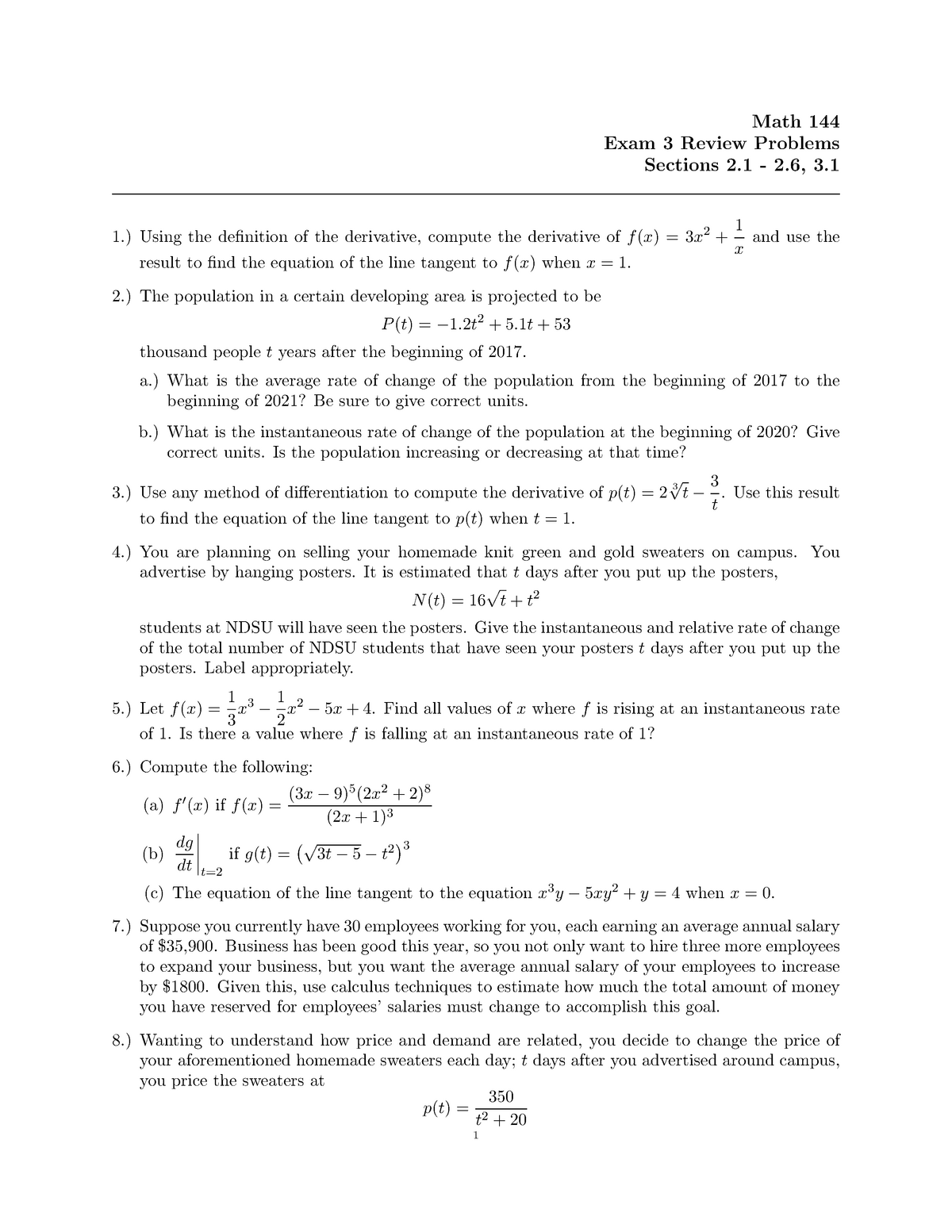 M144 Exam 3 Review Problems Studocu