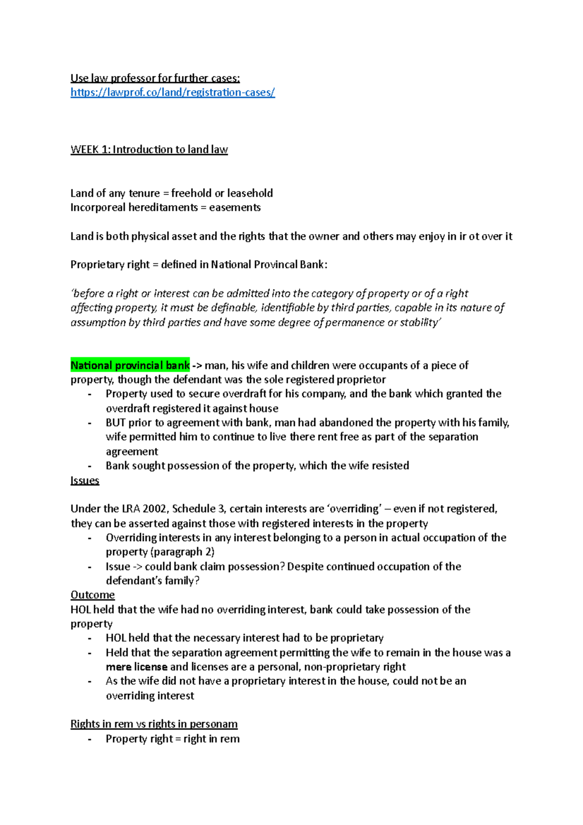 Property Condensing notes Use law professor for further cases lawprof/land/registrationcases