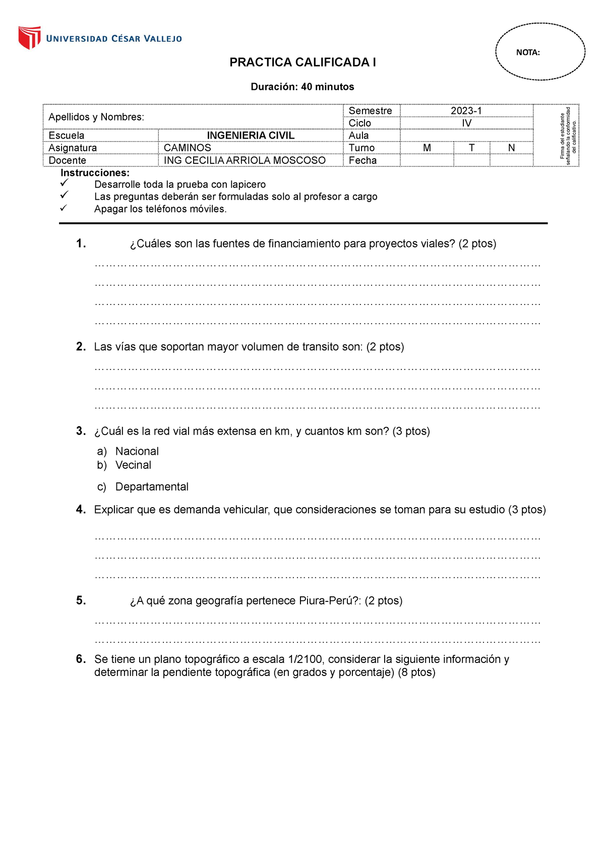 B Practica Calificada I - PRACTICA CALIFICADA I Duración: 40 Minutos ...