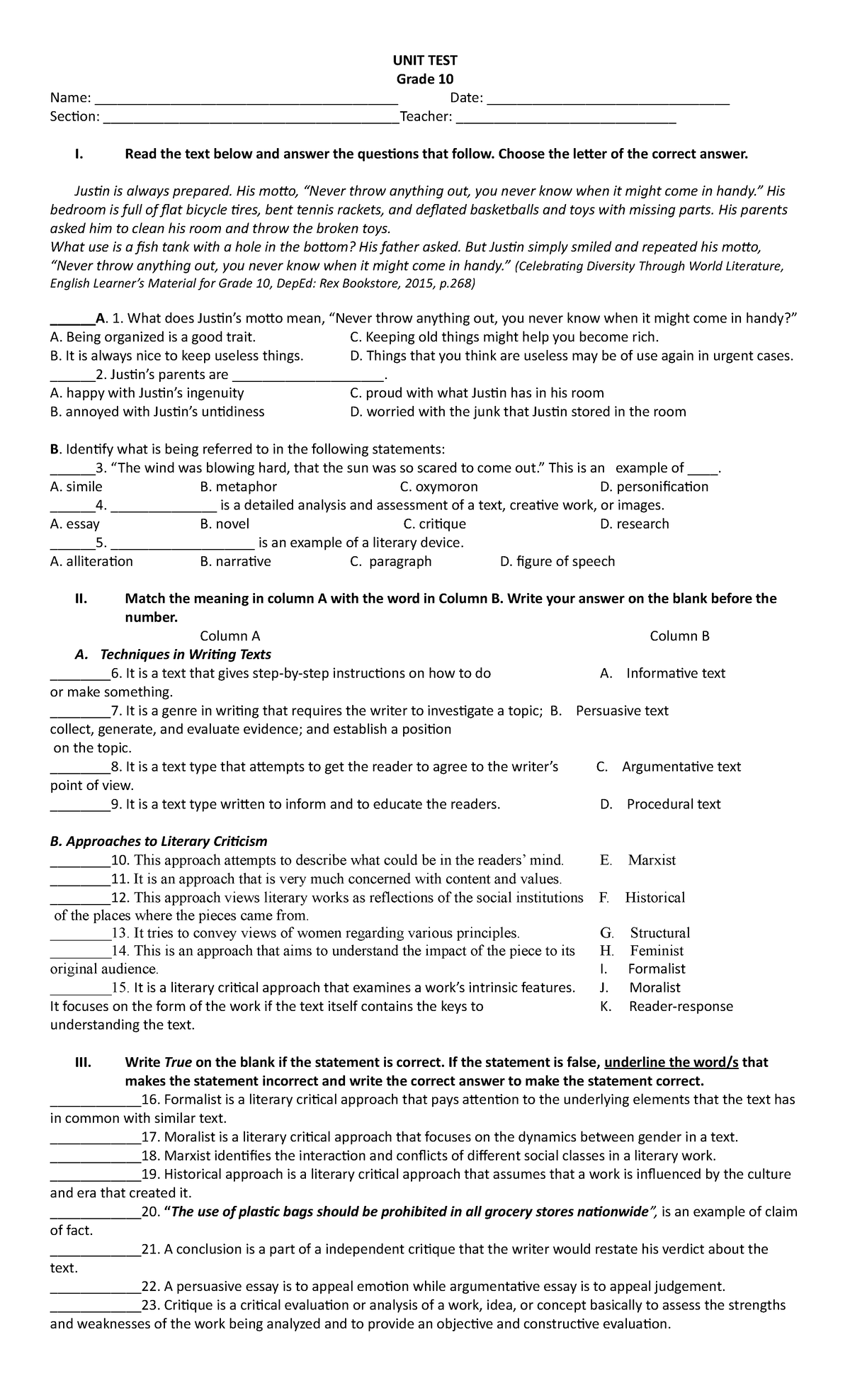 UNIT TEST 3rd quarter - Thanks - UNIT TEST Grade 10 Name