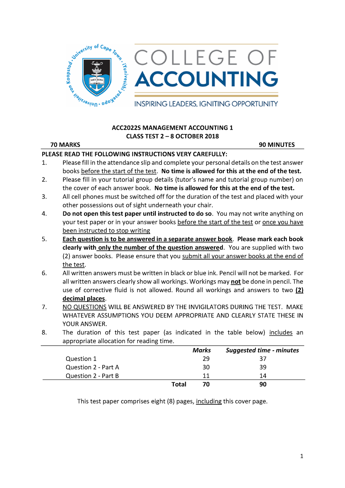 ACC2022S 2018 Test 2 - SECOND SEMESTER EXAM - ACC2022S MANAGEMENT ...