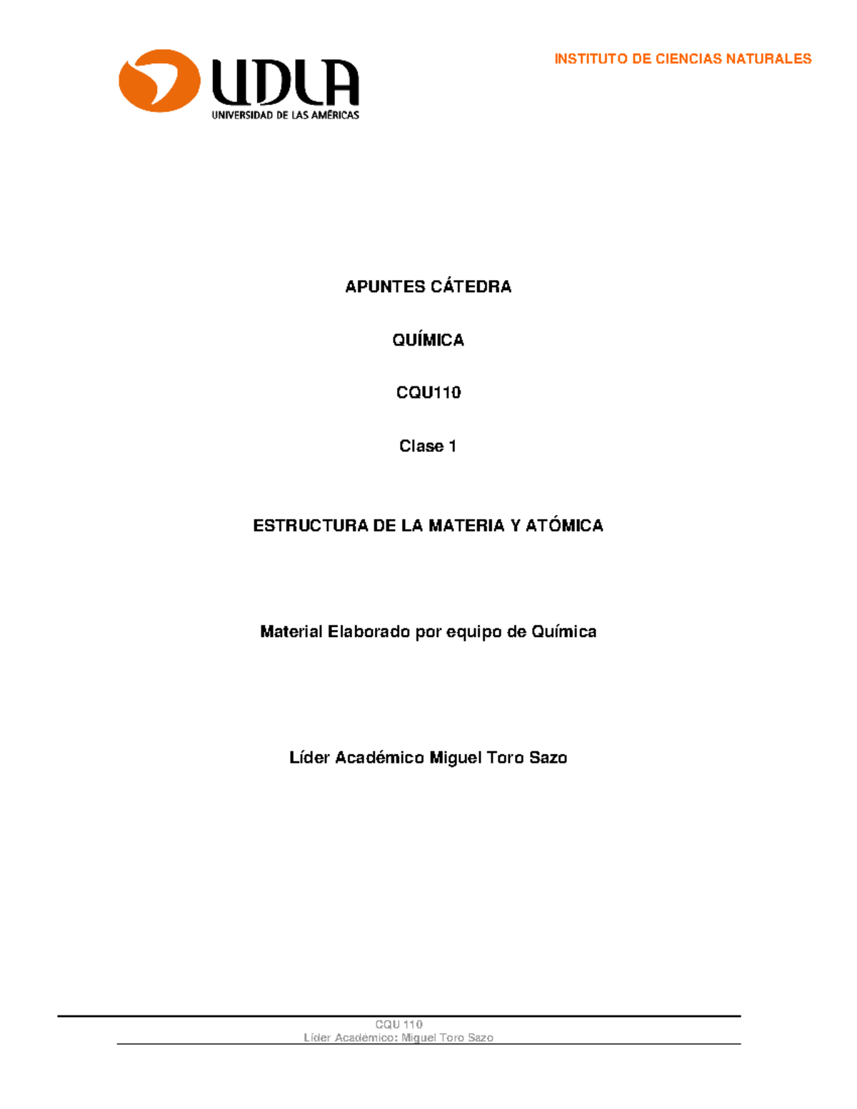 Apunte Clase 1, CQU110 202420 - CQU 110 APUNTES CÁTEDRA QUÍMICA CQU ...