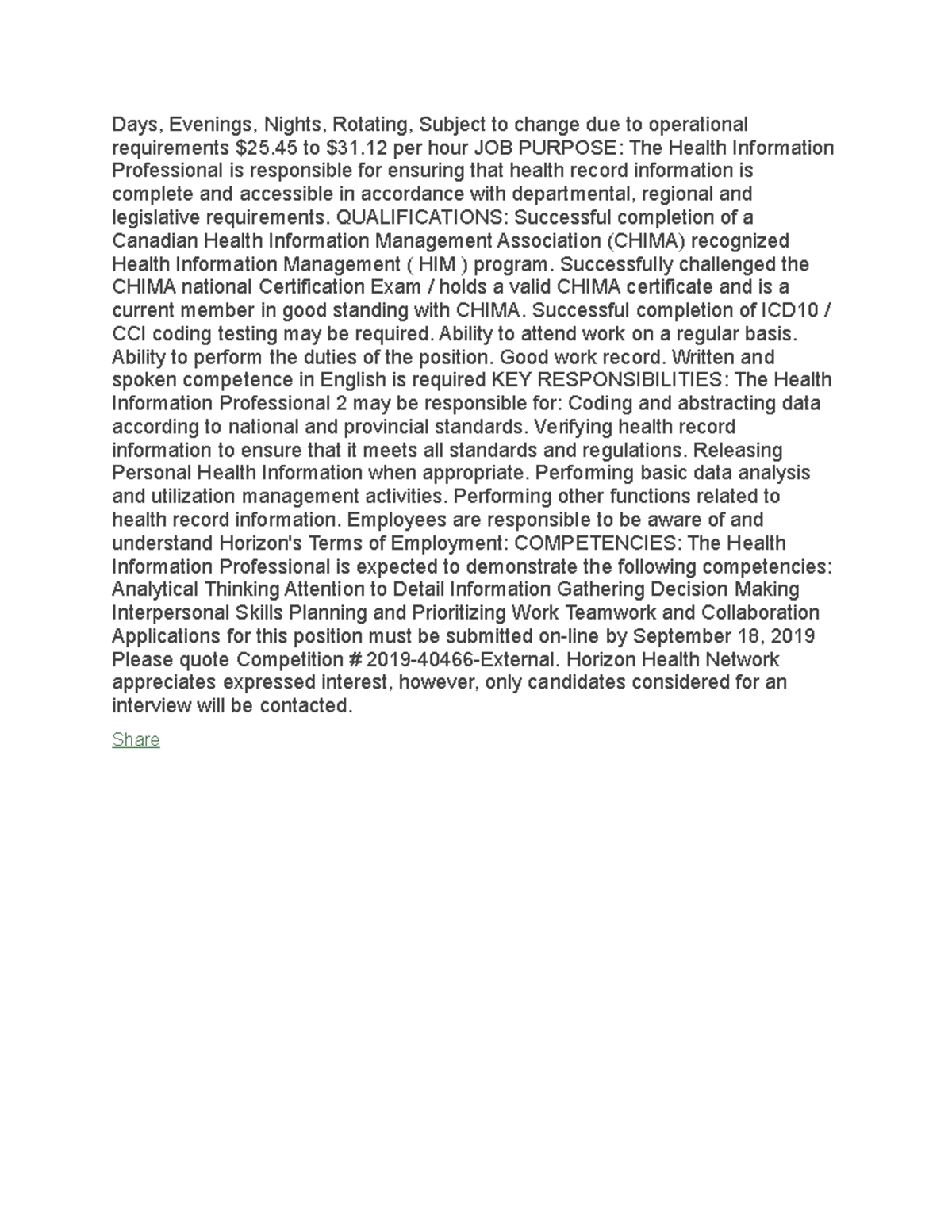 Job posting for Assignment #1 - Days, Evenings, Nights, Rotating ...