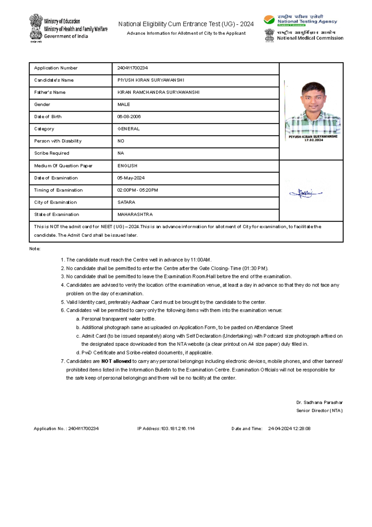 Neet - sr ymsr6ymwsm6 sym - Dr. Sadhana Parashar Senior Director (NTA ...