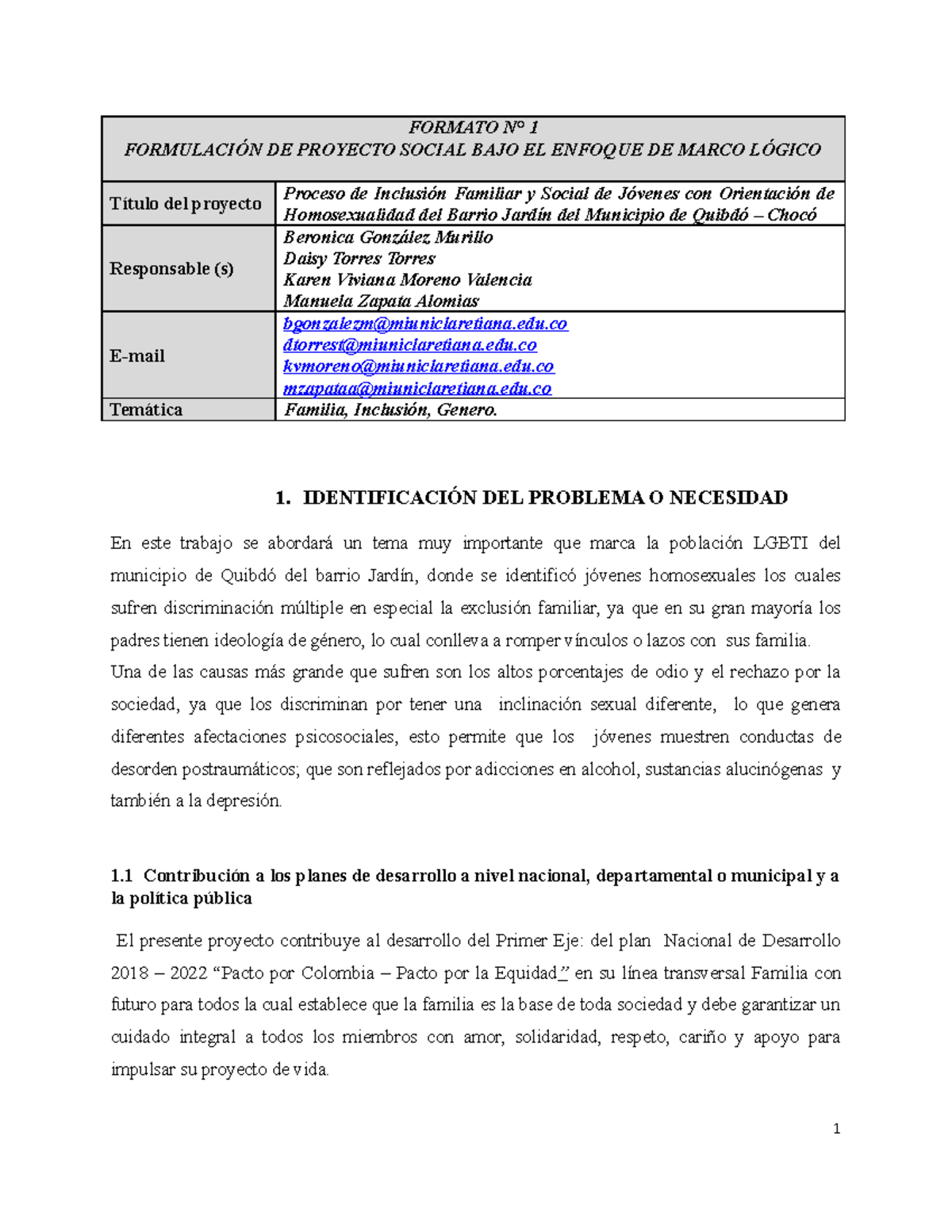 Proyectos Sociales Ii Port I Formato N° 1 FormulaciÓn De Proyecto Social Bajo El Enfoque De 1165