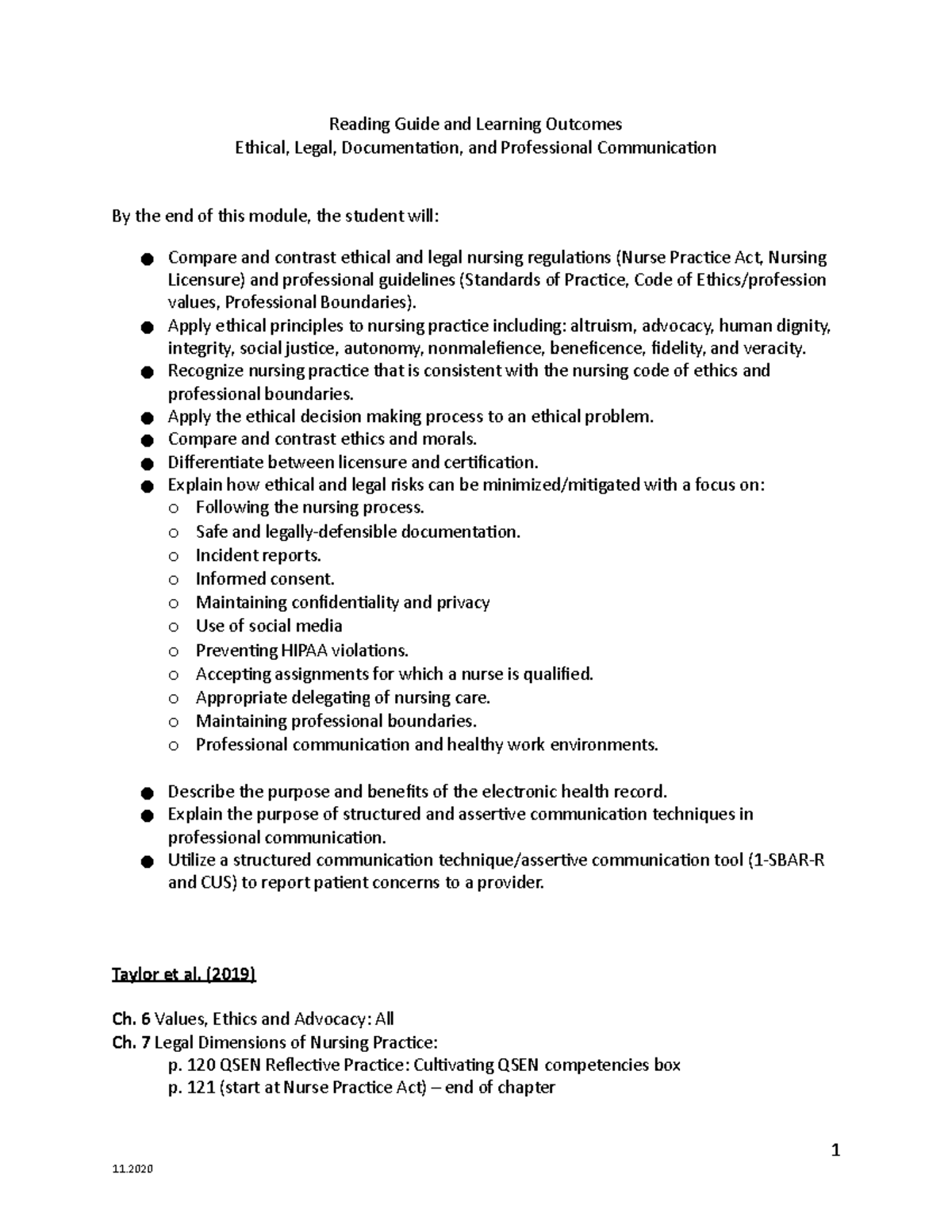Reading Guide Ethical Legal- LCL section only - Reading Guide and ...