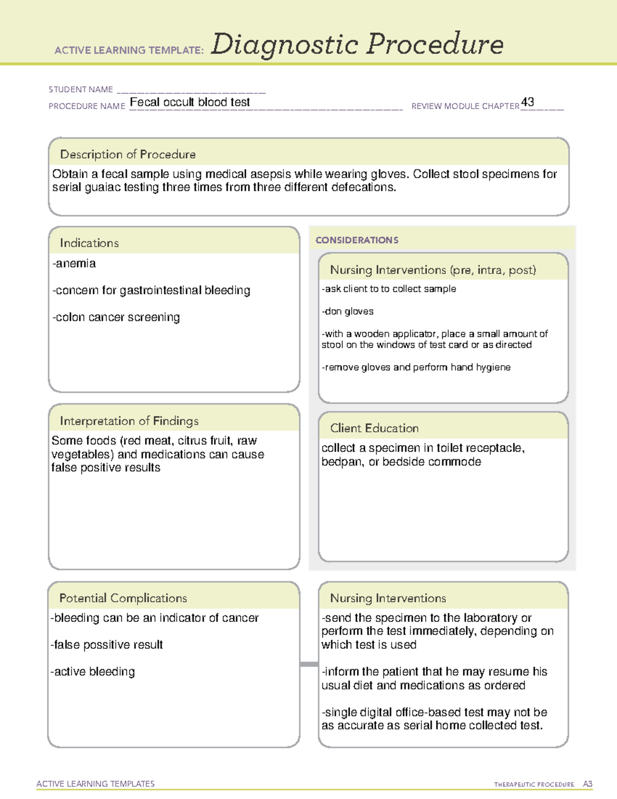 CH 43 Fecal Occult Blood Test ATI Practice Template Review Material And