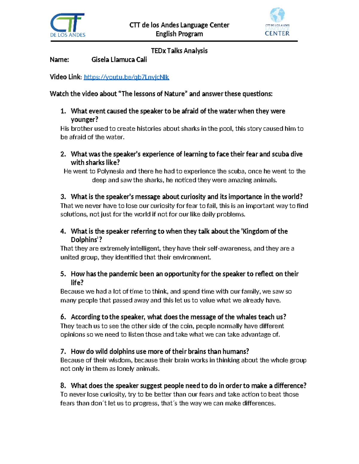 TEDx Talks Analysis The lessons of Nature - CTT de los Andes Language ...