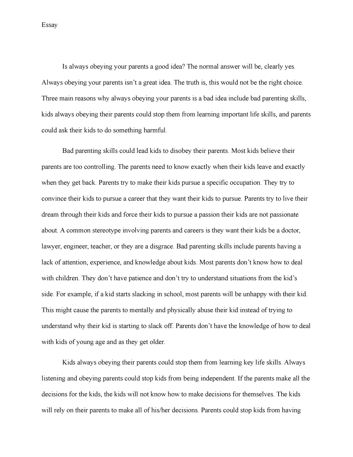 essay about disobeying parents