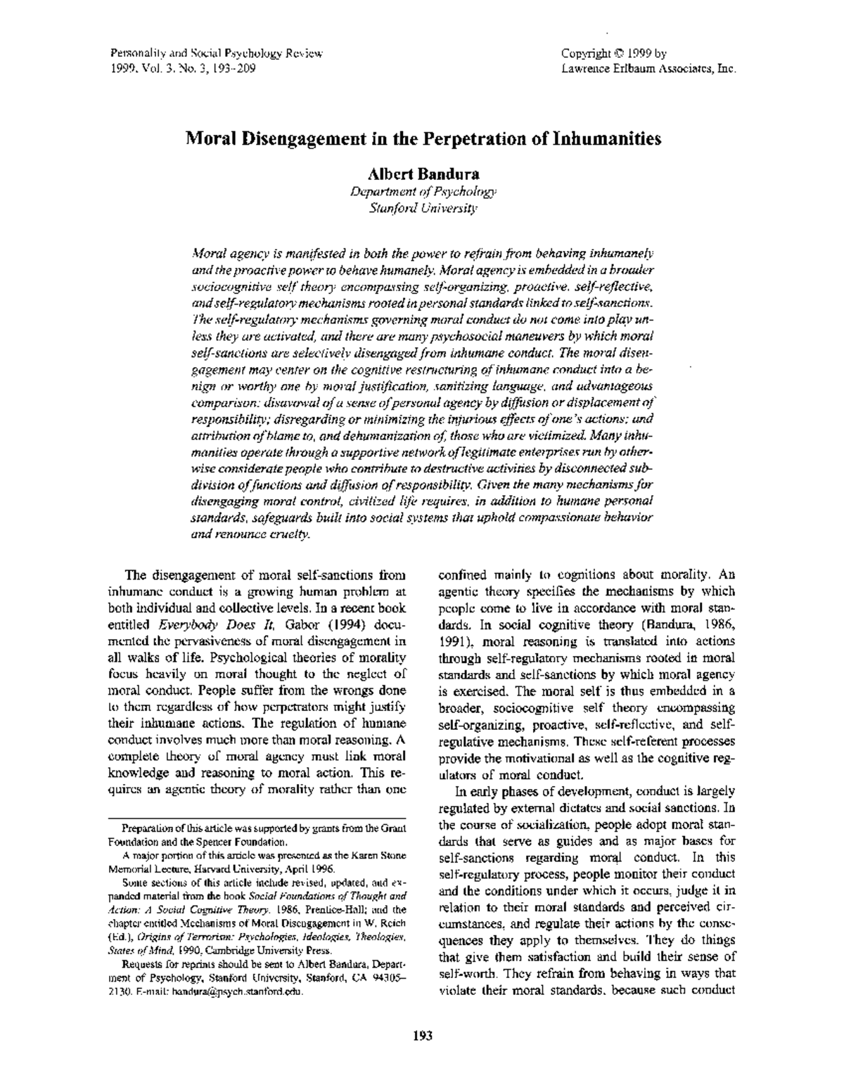 Moral disengagement in the perpetuation of inhumanities - Personality ...