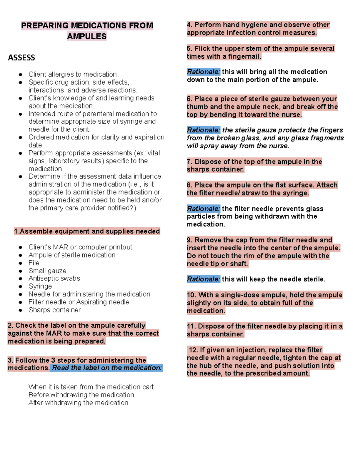Preparing Medication PREPARING MEDICATIONS FROM AMPULES ASSESS Client