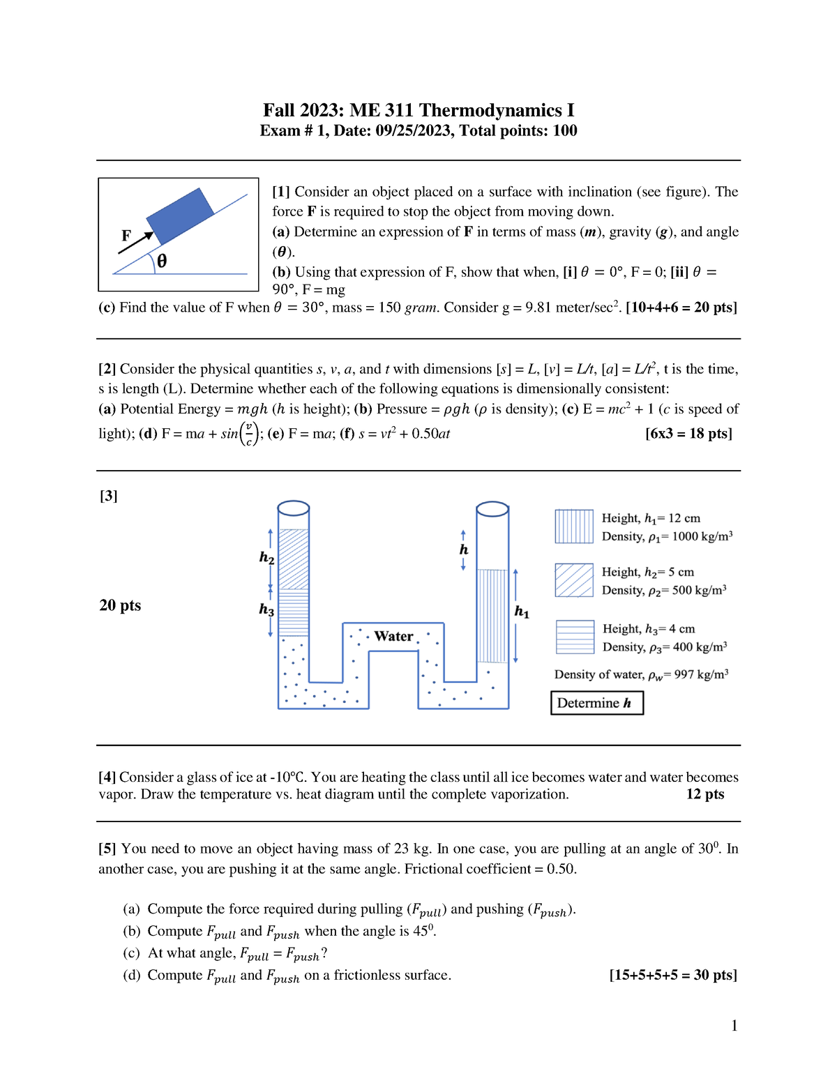 ME311 Fall2023 Exam1 - Exam 1 - 1 Fall 2023 : ME 31 1 Thermodynamics I ...