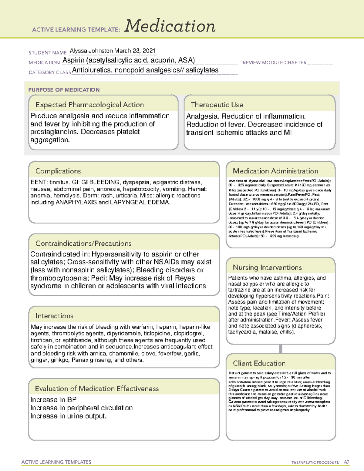 Aspirin MED This is a system diosrder template ACTIVE LEARNING