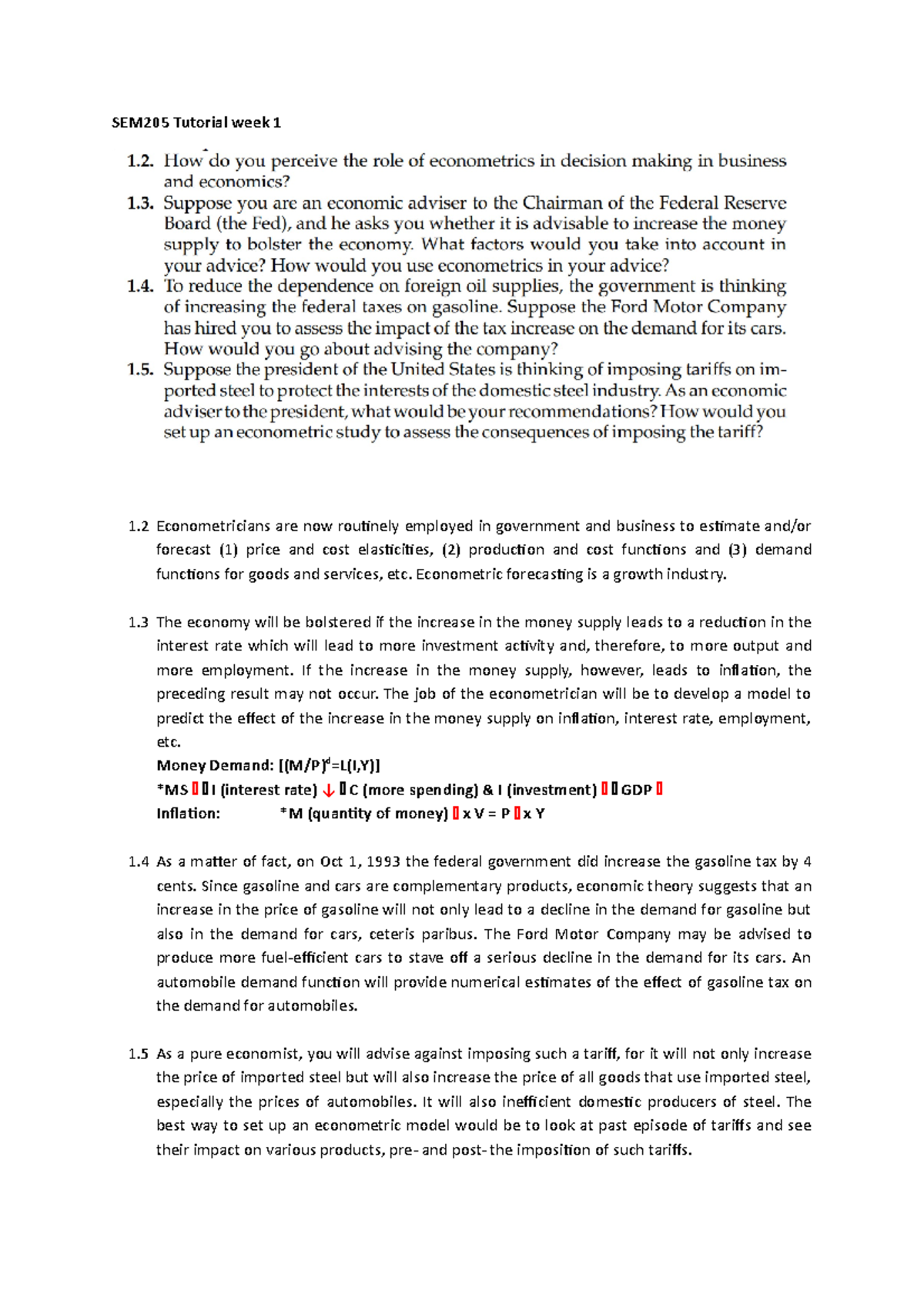 Econometrics T1 - Econometric Tutorial - SEM205 Tutorial week 1 1 ...