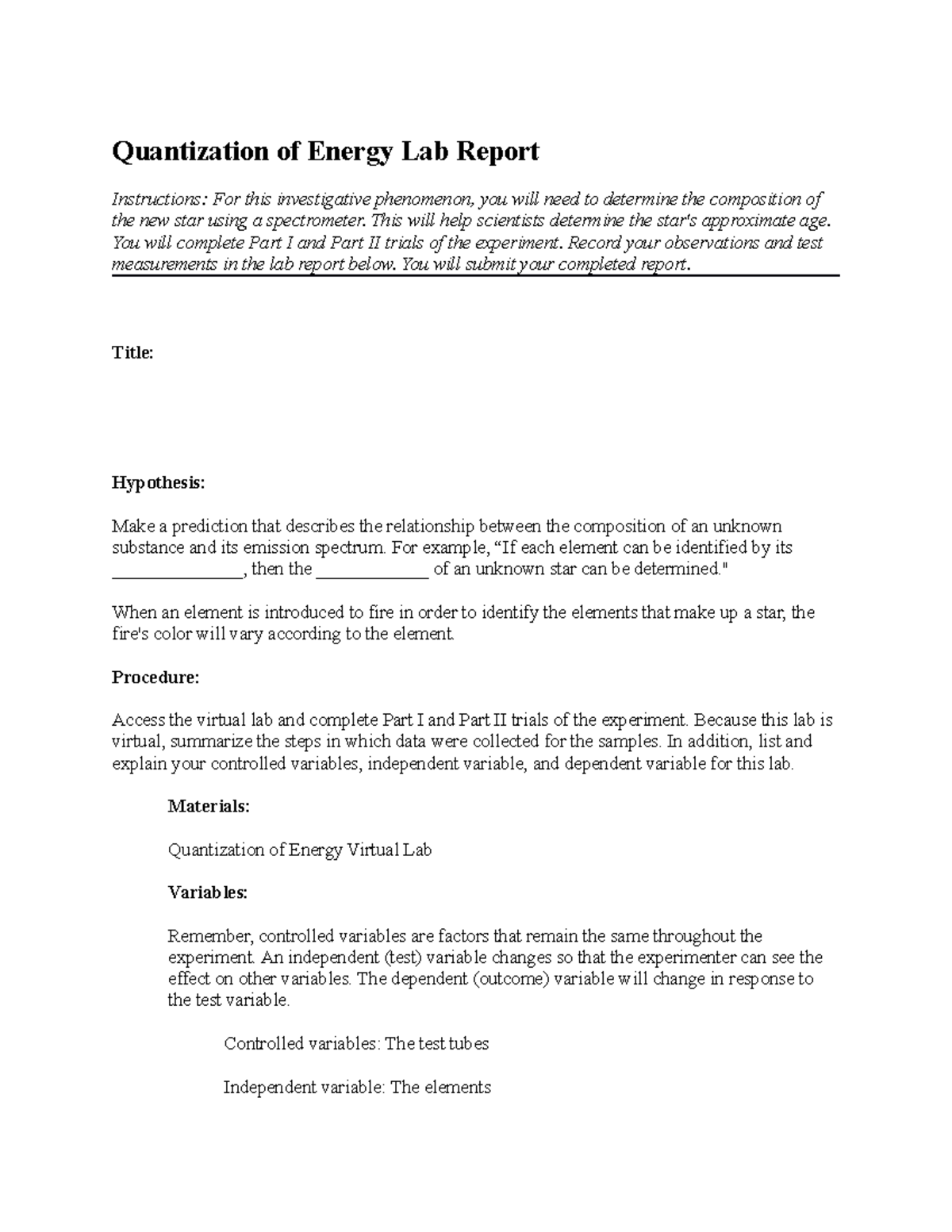 Quantization energy lab report Quantization of Energy Lab Report Instructions For this Studocu