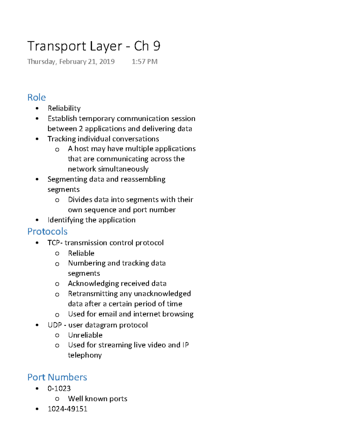 Transport Layer - Ch 9 - Lecture notes - Role " Reliability Establish ...