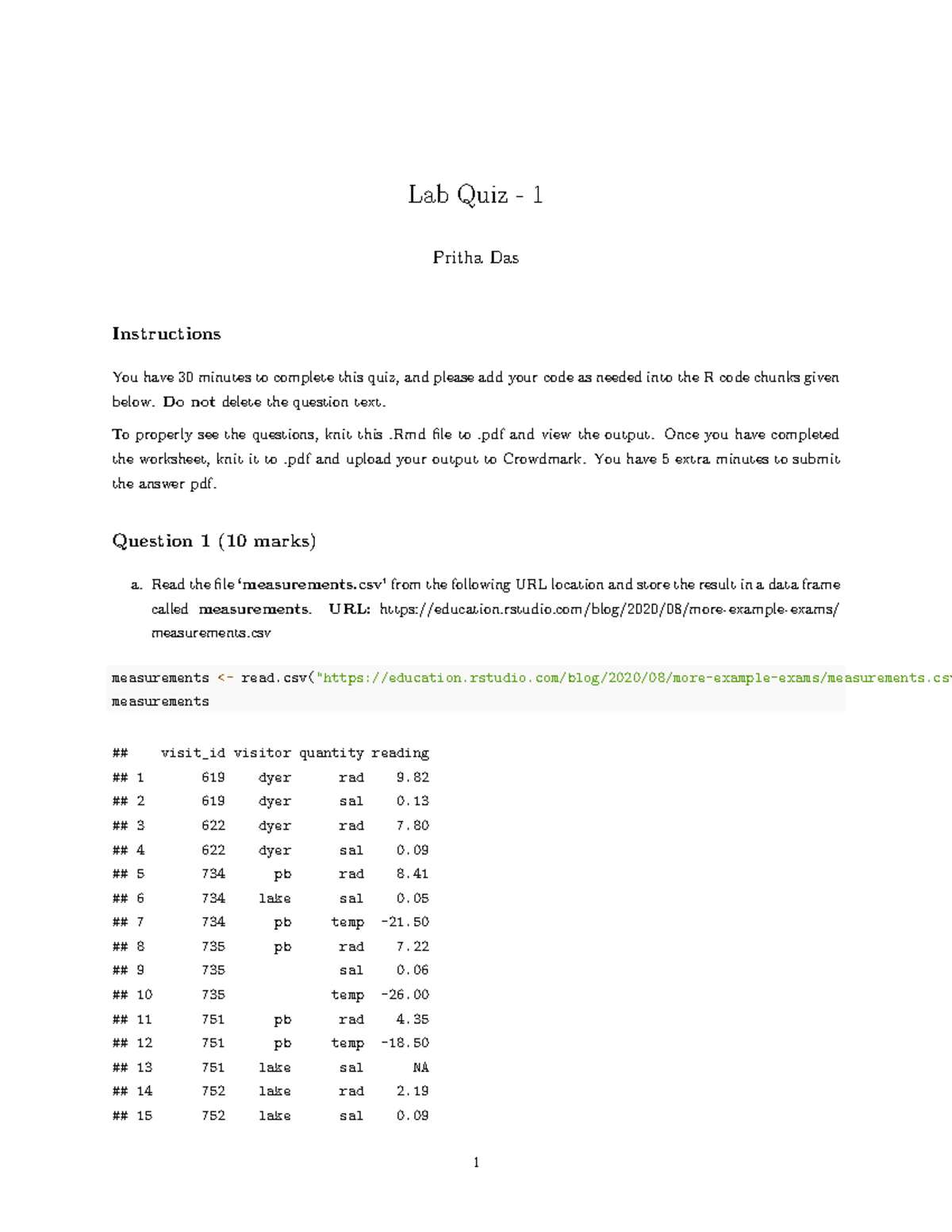 Quiz1 - Quiz 1 - Lab Quiz - 1 Pritha Das Instructions You have 30 ...