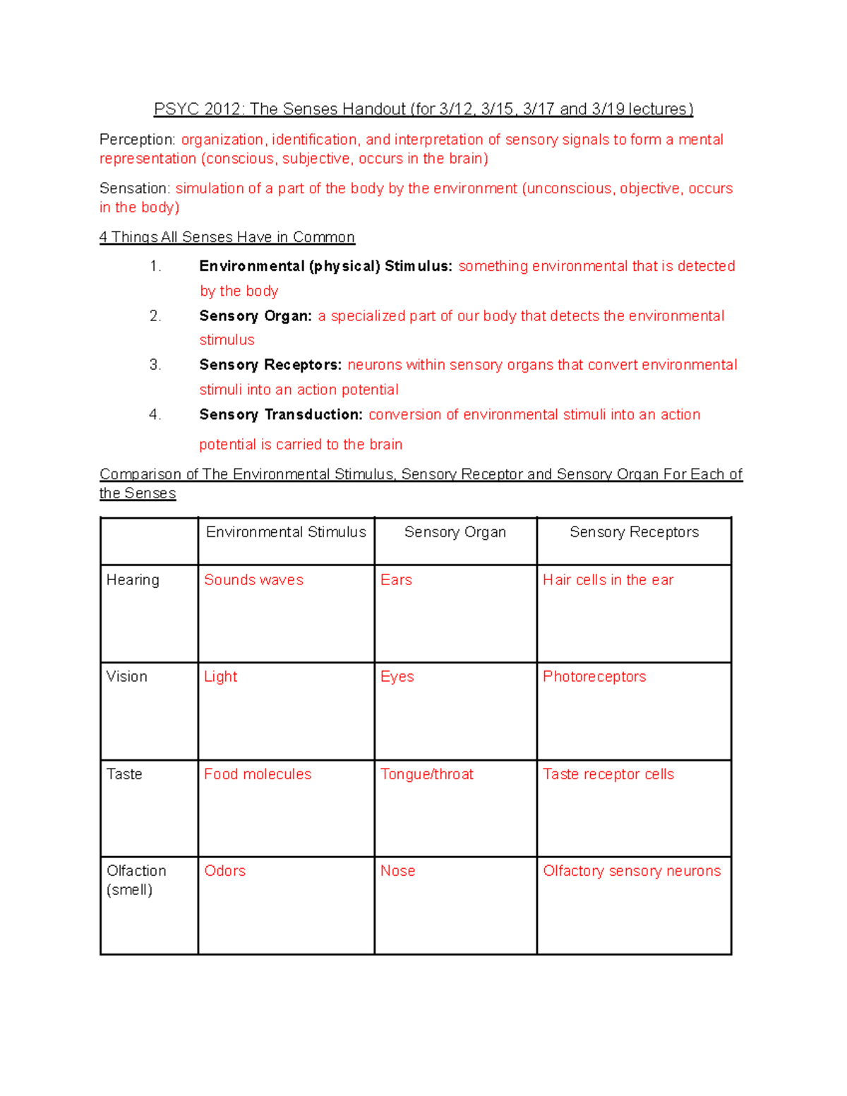 The Senses Handout - Environmental (physical) Stimulus: something ...