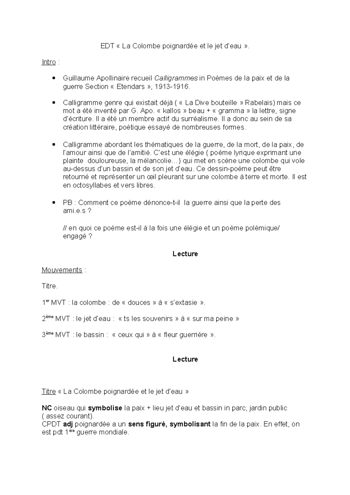 La colombe poignardée Apollinaire - EDT « La Colombe poignardée et le ...