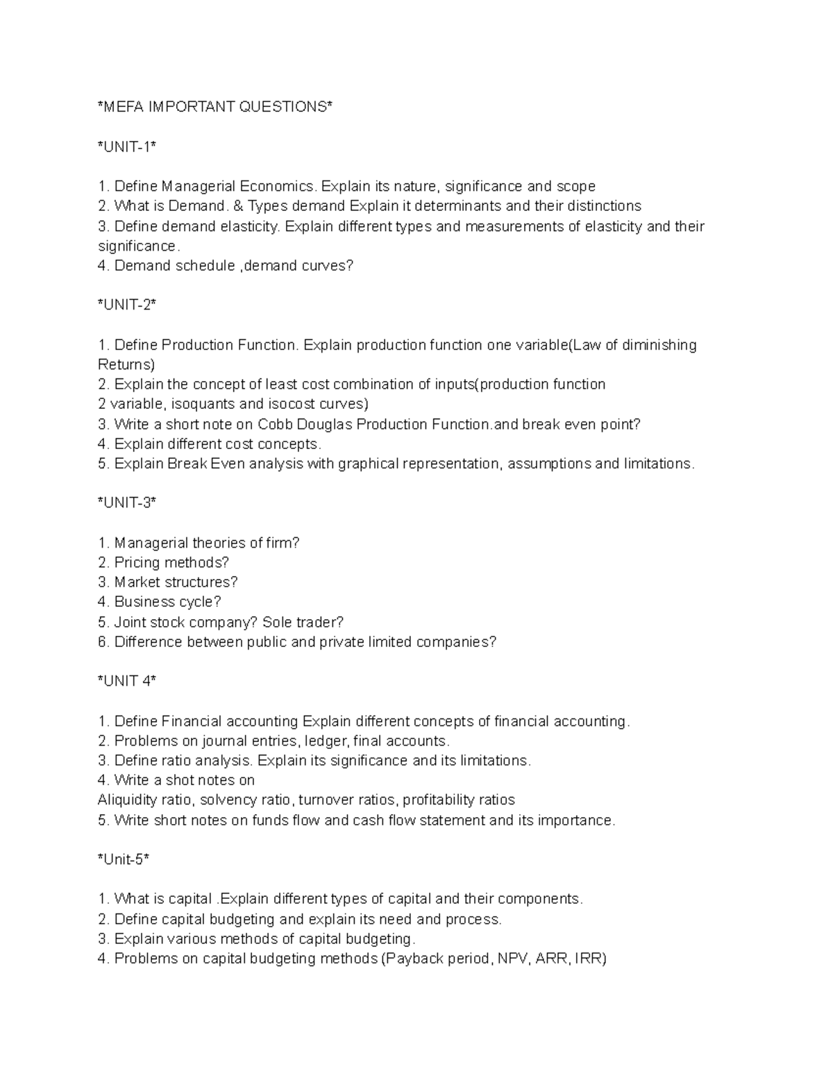 Mefa - easy to learn - MEFA IMPORTANT QUESTIONS UNIT-1 Define ...