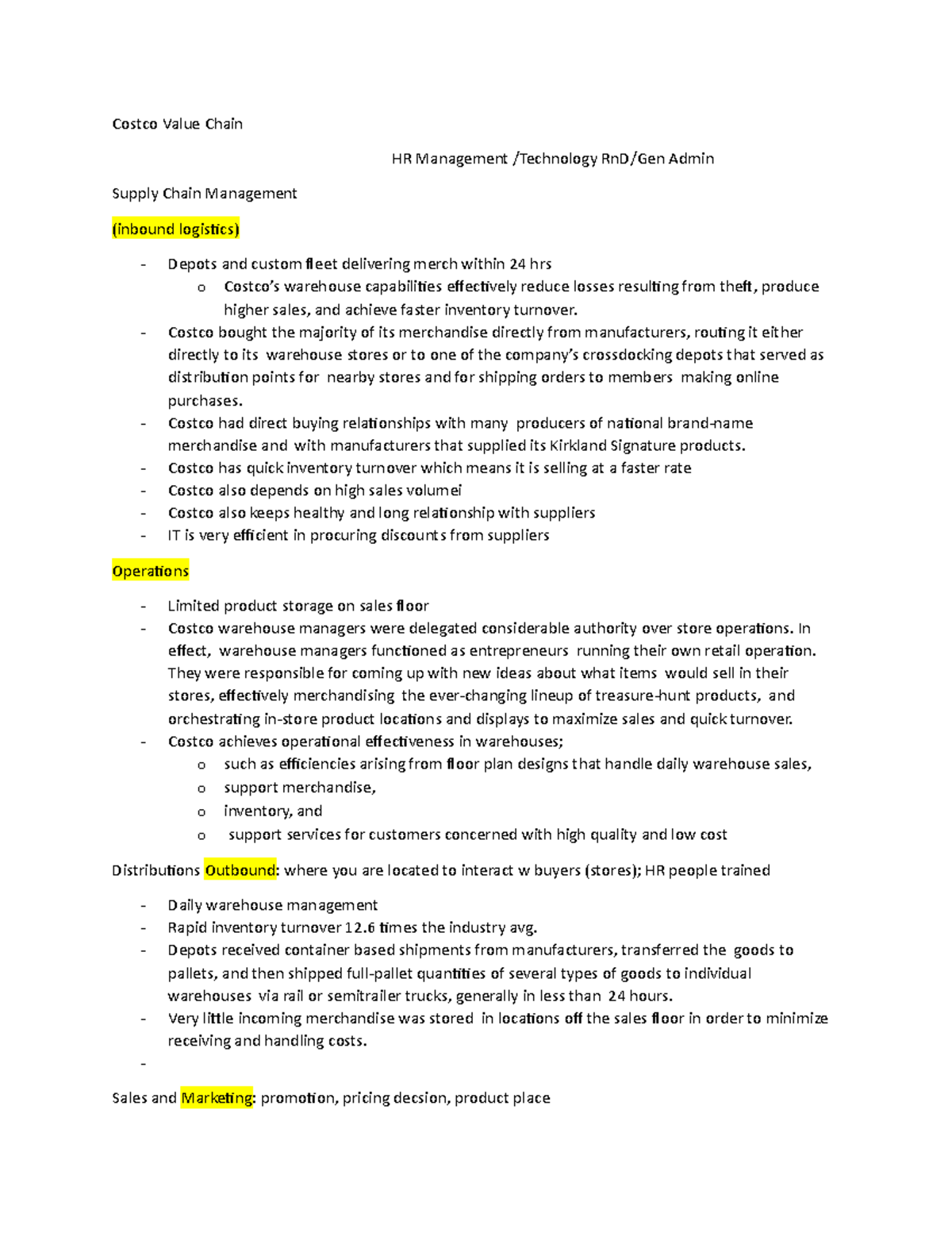 Costco value chain Costco Value Chain HR Management /Technology RnD