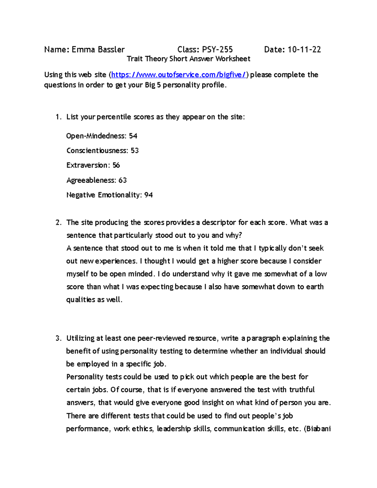 Trait Theory Worksheet Name Emma Bassler Class PSY255 Date 1011