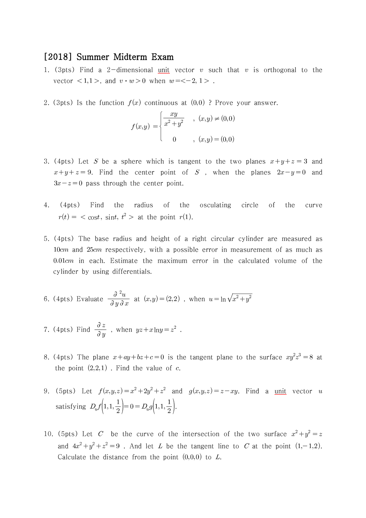 Calculus 2(2018 Middle) - [ 2018 ] Summer Midterm Exam (3pts) Find A 2 ...