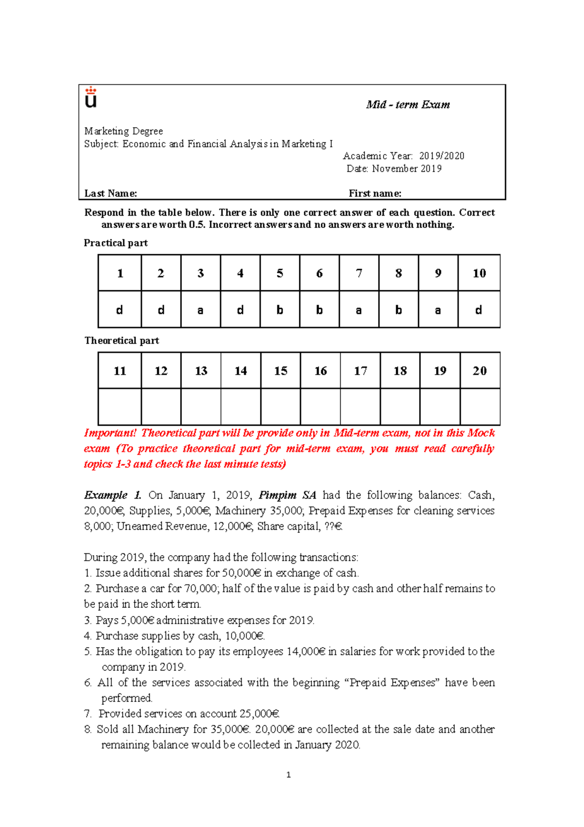 Examen de prueba de MidTerm Mid term Exam Marketing Degree Subject Economic and Financial Examen de prueba de MidTerm Mid term Exam Marketing Degree Subject Economic and Financial