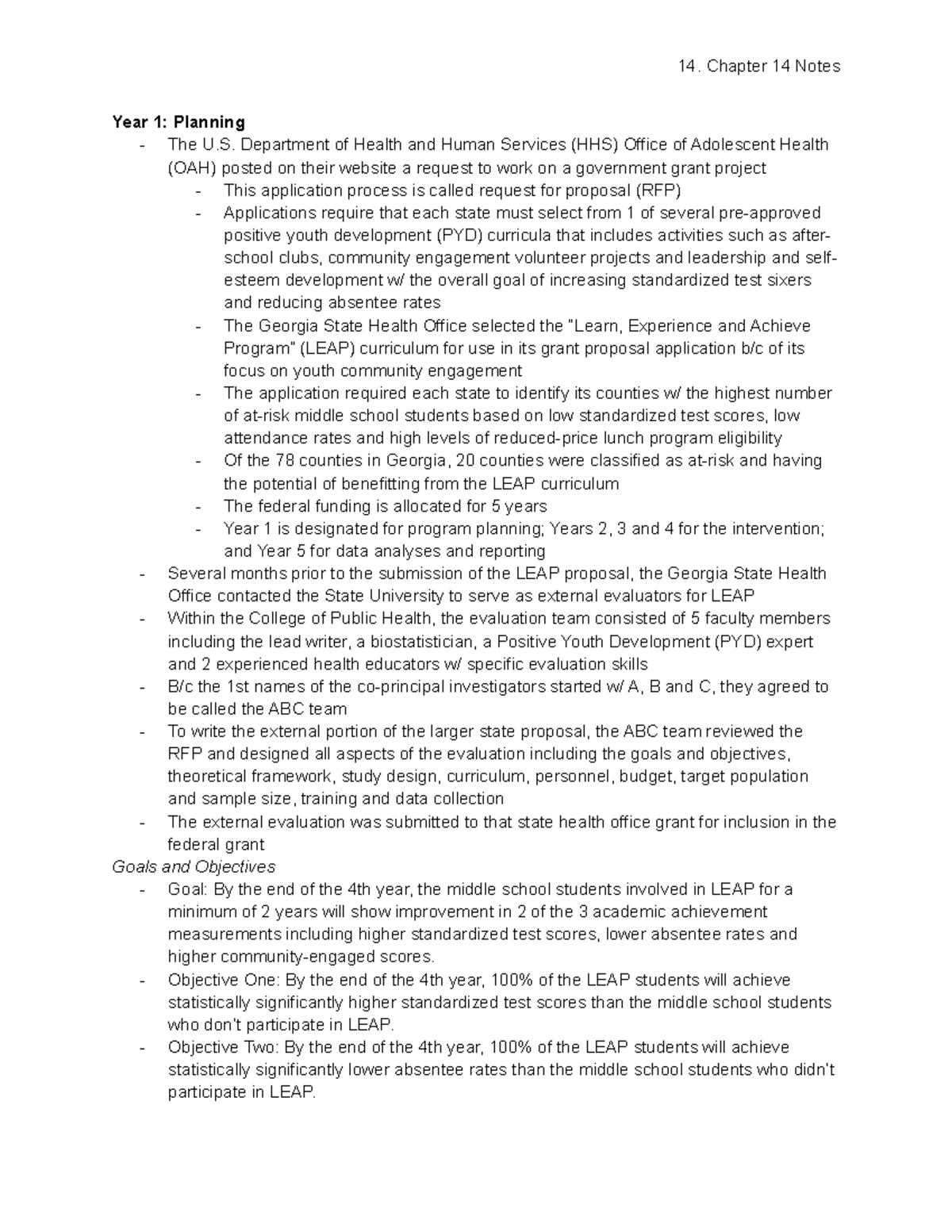 14. Chapter 14 Notes - Year 1: Planning - The U. Department of Health ...