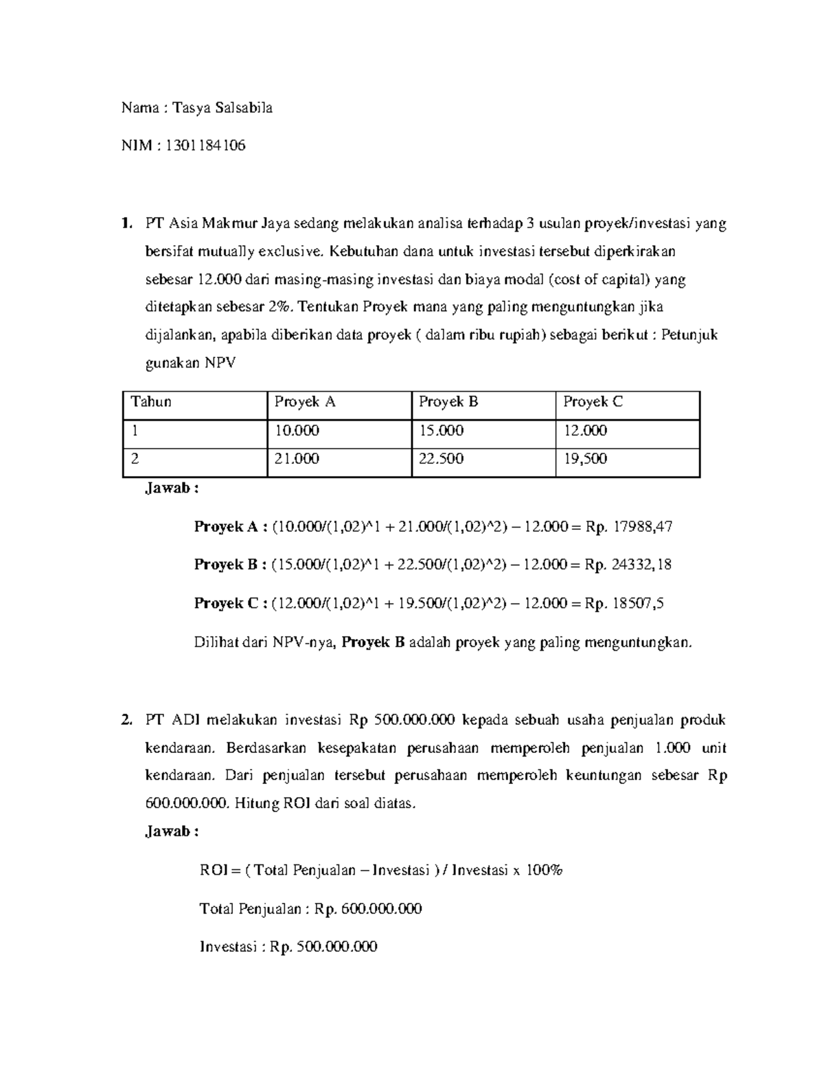 Tugas 5 Cost Benefit Analysis Manajemen Proyek Nama Tasya Salsabila Tugas 5 Cost Benefit Analysis Manajemen Proyek Nama Tasya Salsabila