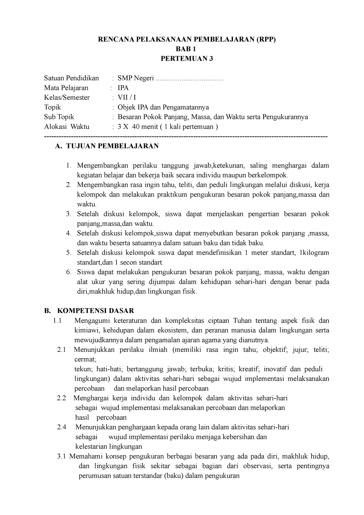 RPP BAB 1 Pertemuan 3 - RENCANA PELAKSANAAN PEMBELAJARAN (RPP) BAB 1 ...