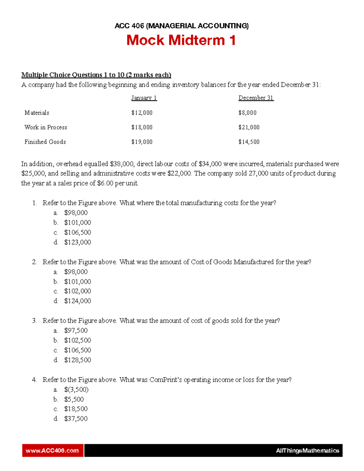 ACC 406 Mock Midterm 1 - ACC 406 (MANAGERIAL ACCOUNTING) Mock Midterm 1 ...