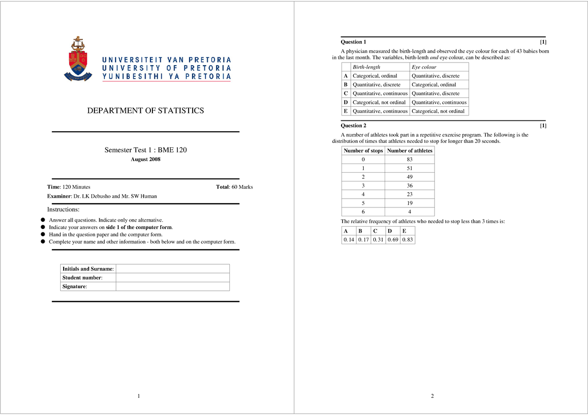 BME120 - 2008 - Semester Test 1 - DEPARTMENT OF STATISTICS Semester ...