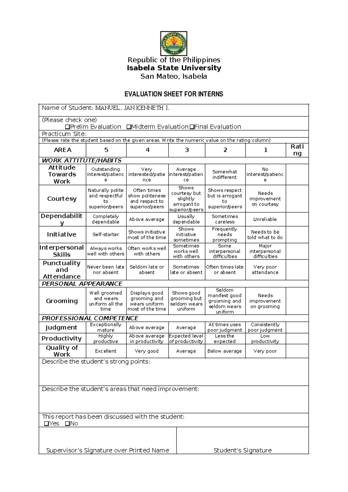 evaluation Sheet - Republic of the Philippines Isabela State University ...