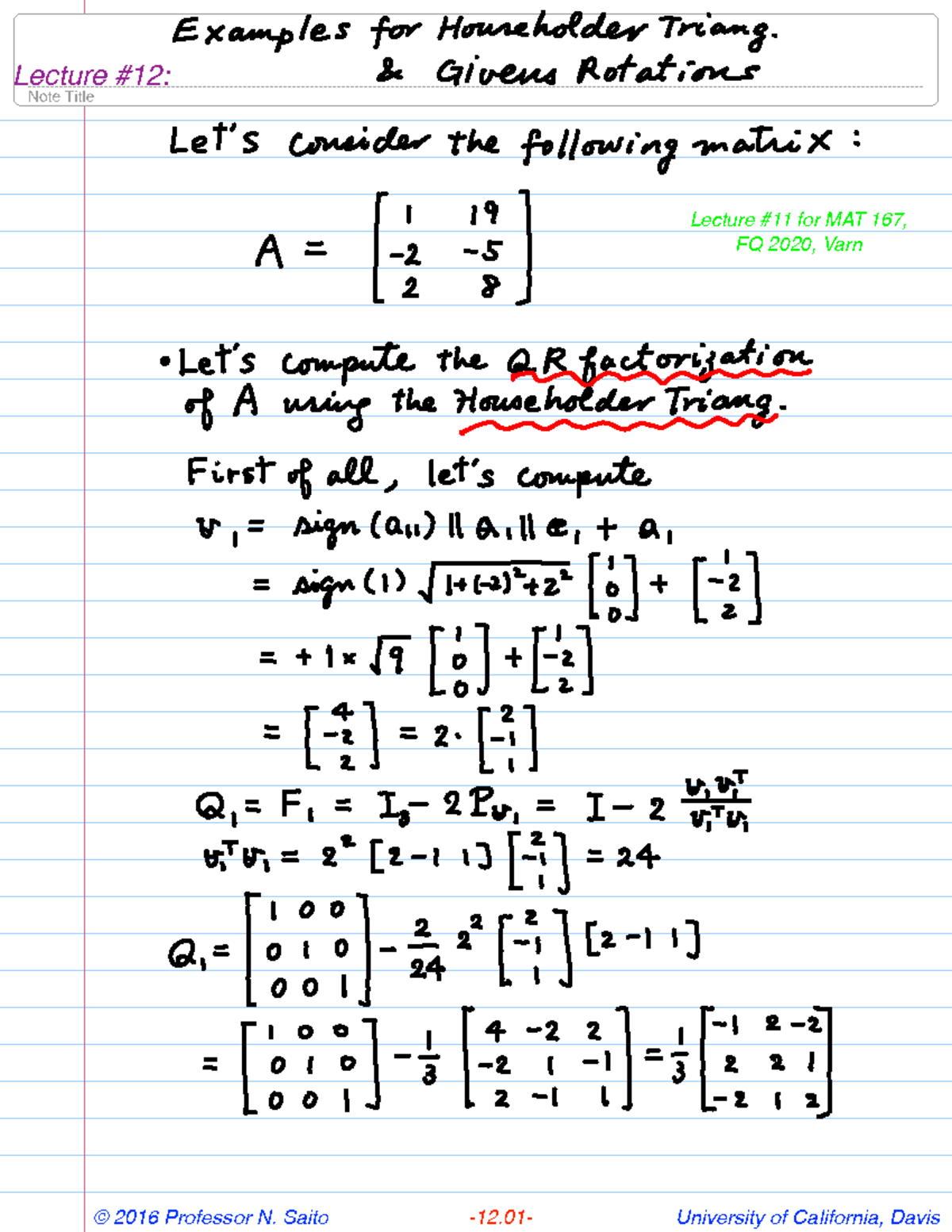 Lecture 12 - UC Davis linear algebra - MATH 110 - Studocu