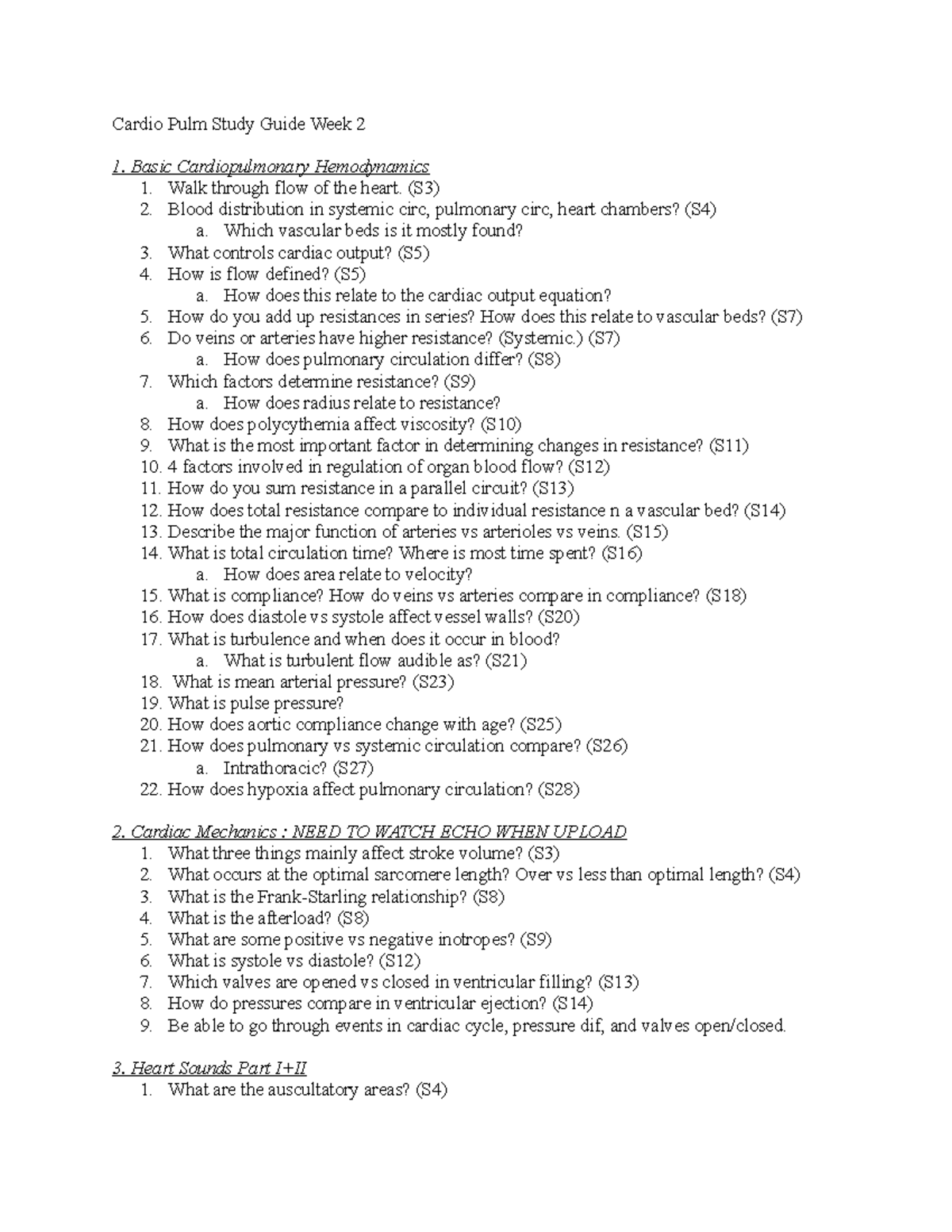 Cardio Pulm Study Guide Week 2 - Basic Cardiopulmonary Hemodynamics 1 ...