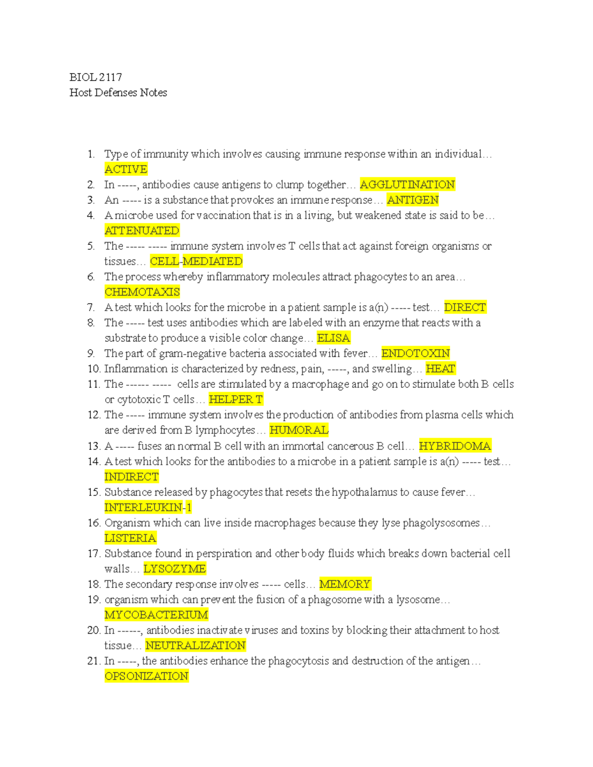 BIOL 2117 Host Defenses Notes - BIOL 2117 Host Defenses Notes Type of ...