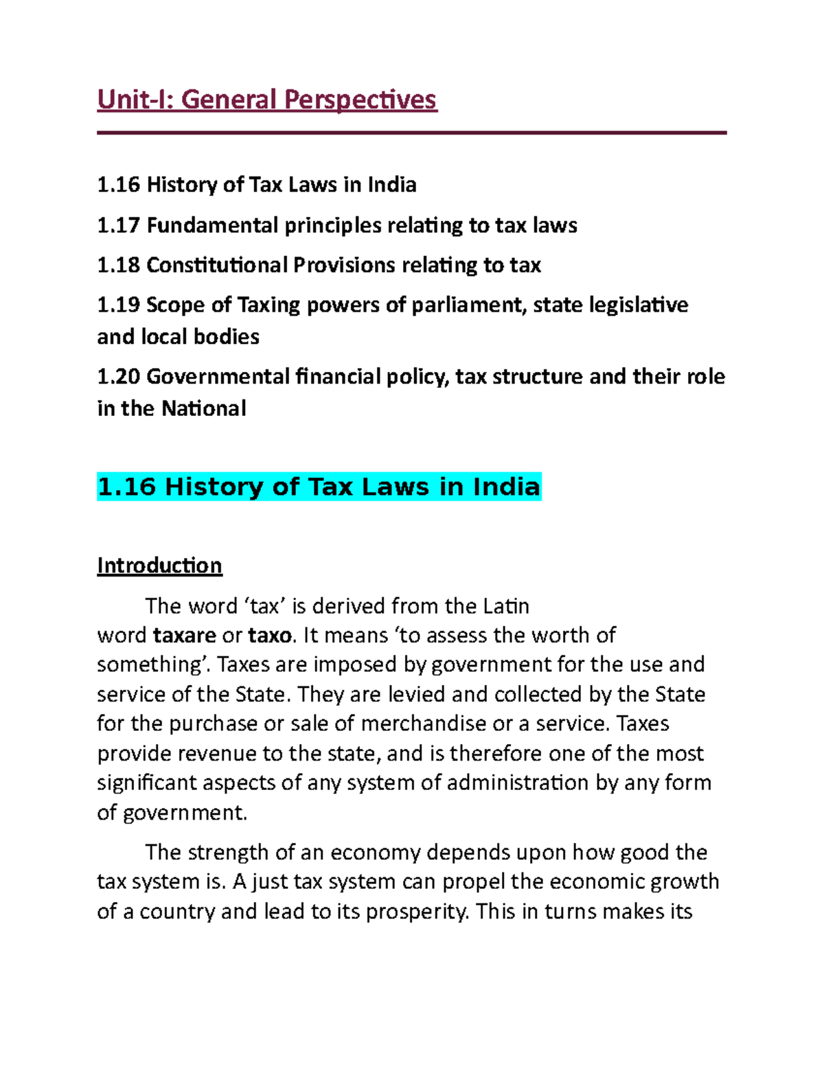 Taxation unit 1 The Tax Act complete UnitI General