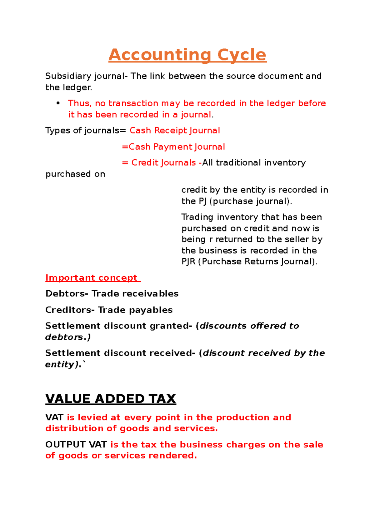 Accounting Cycle Summary Accounting Cycle Subsidiary journal The