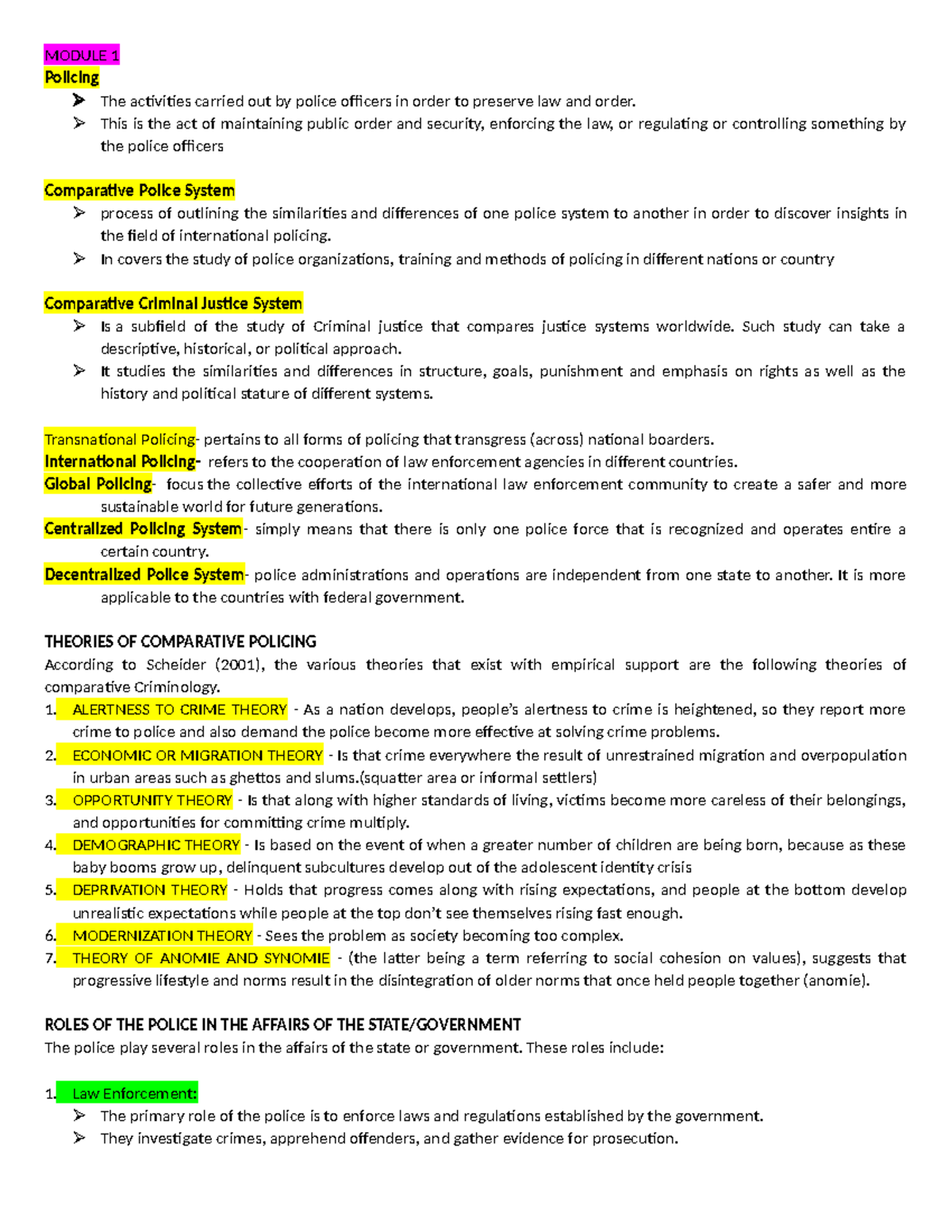 CRI 173P1 - P1 reviewer - MODULE 1 Policing The activities carried out ...
