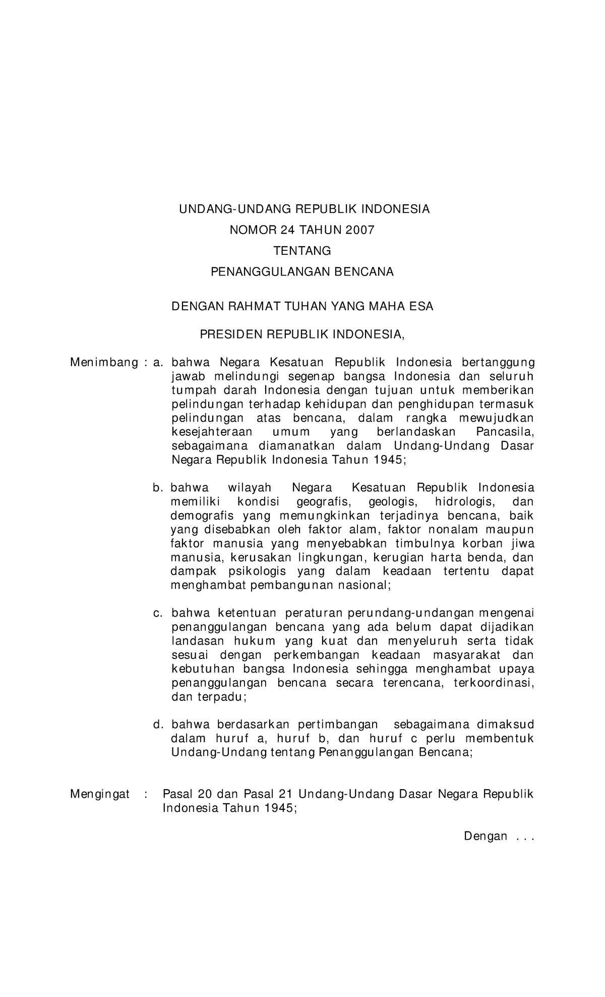 UU Nomor 24 Tahun 2007 - UU Kebencanaan - UNDANG-UNDANG REPUBLIK ...