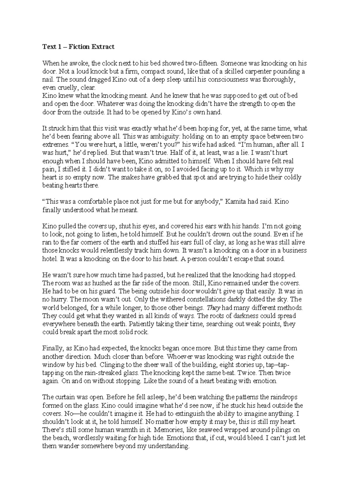 Text 1 - ... - Text 1 – Fiction Extract When he awoke, the clock next ...