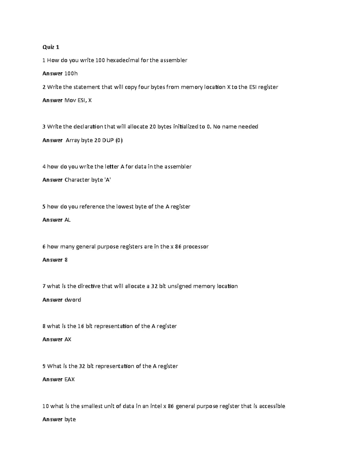 Assembly study guide - N/a - Quiz 1 1 How do you write 100 hexadecimal ...
