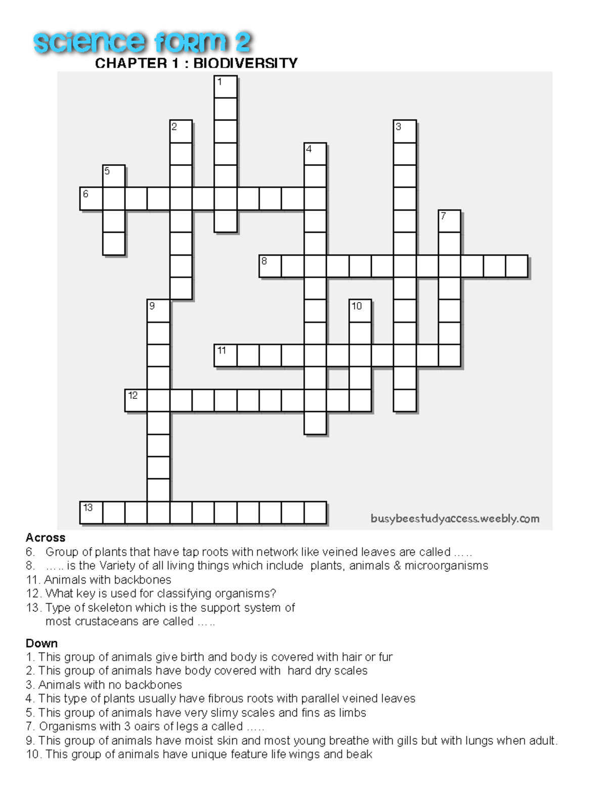 Chap 1- Biodiversity (crossword) - 6 13 5 12 9 2 1 11 8 4 10 3 7 Down 1 ...