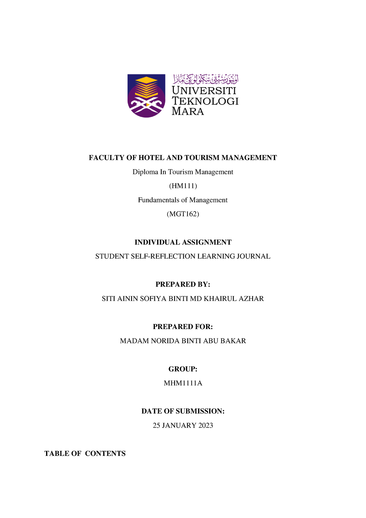 Mgt assignment individual - FACULTY OF HOTEL AND TOURISM MANAGEMENT ...