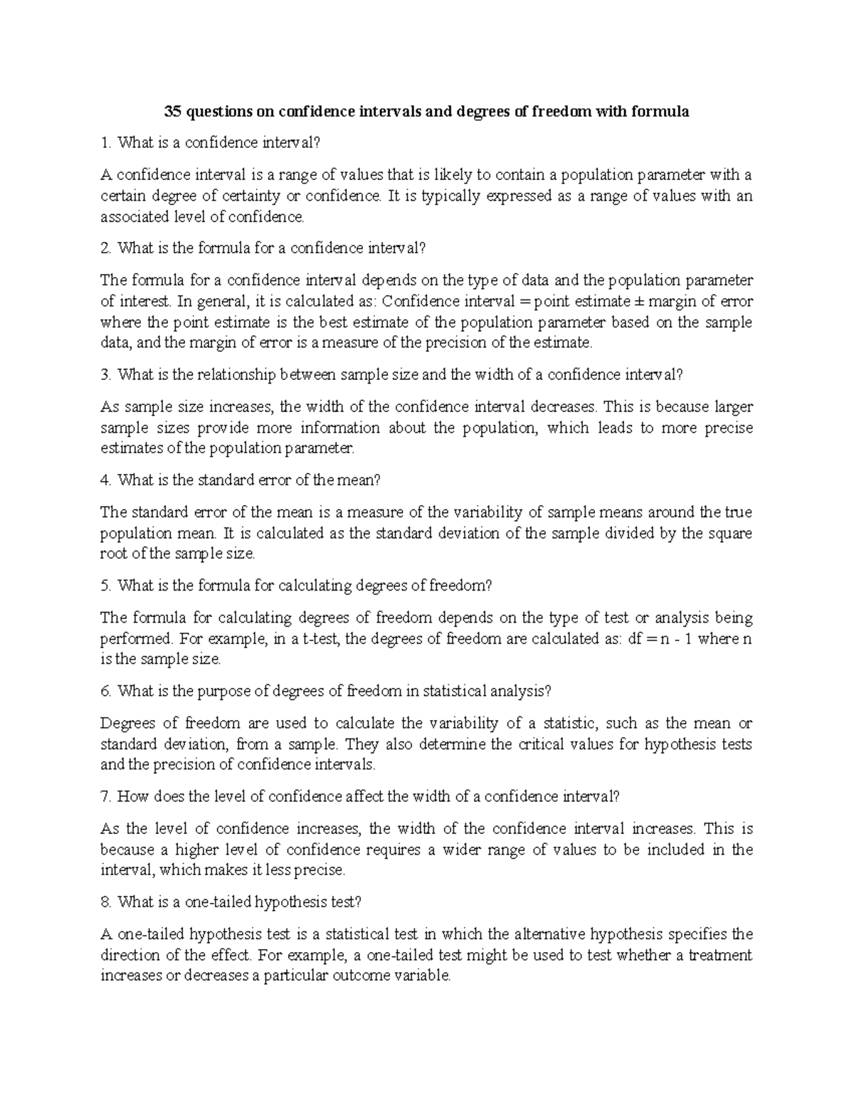 35 questions on confidence intervals and degrees of freedom with ...