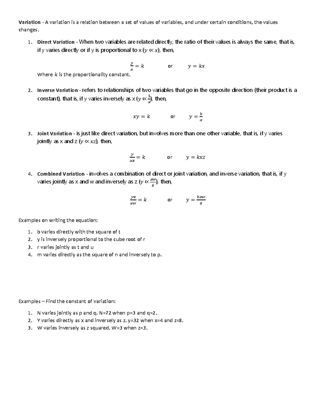 Variation - for practice - Variation - A variation is a relation ...