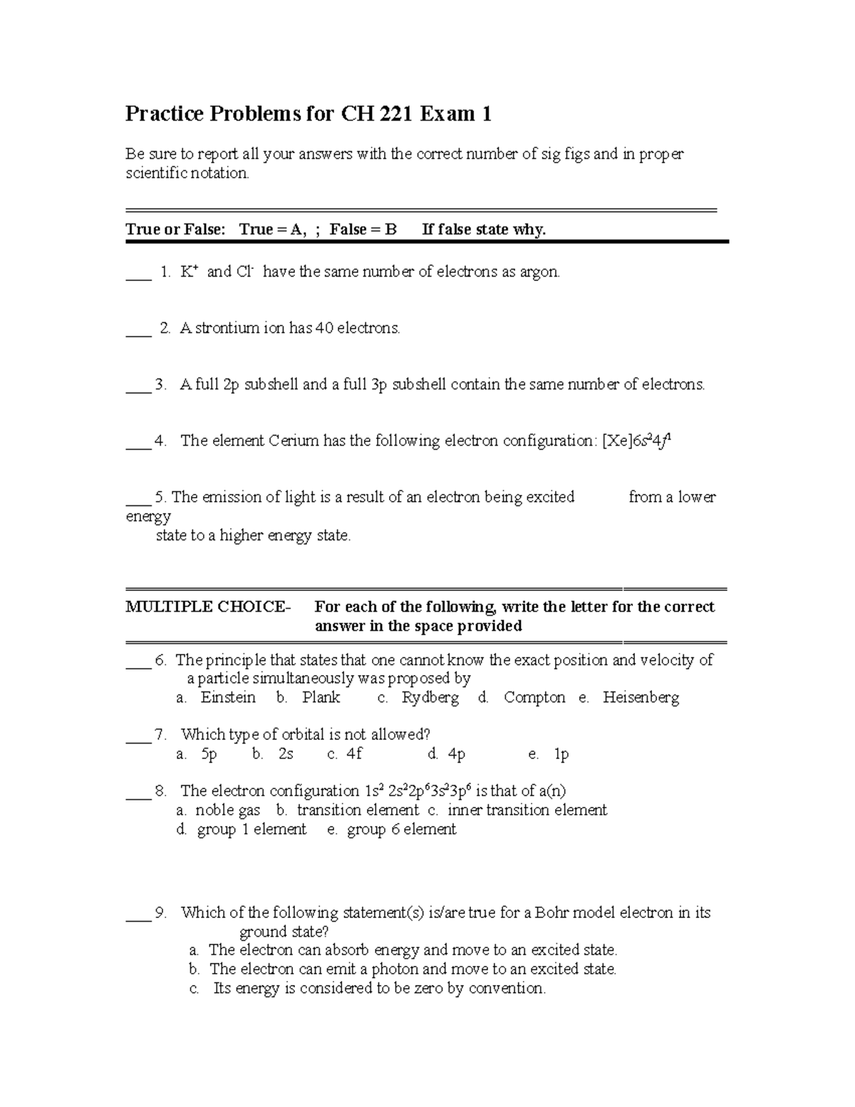 CH221Exam1review-revised 1-21 - Practice Problems for CH 221 Exam 1 Be ...