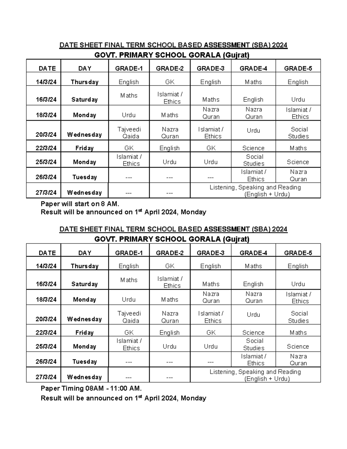 2024 Date Sheet Date Sheer Making DATE SHEET FINAL TERM SCHOOL